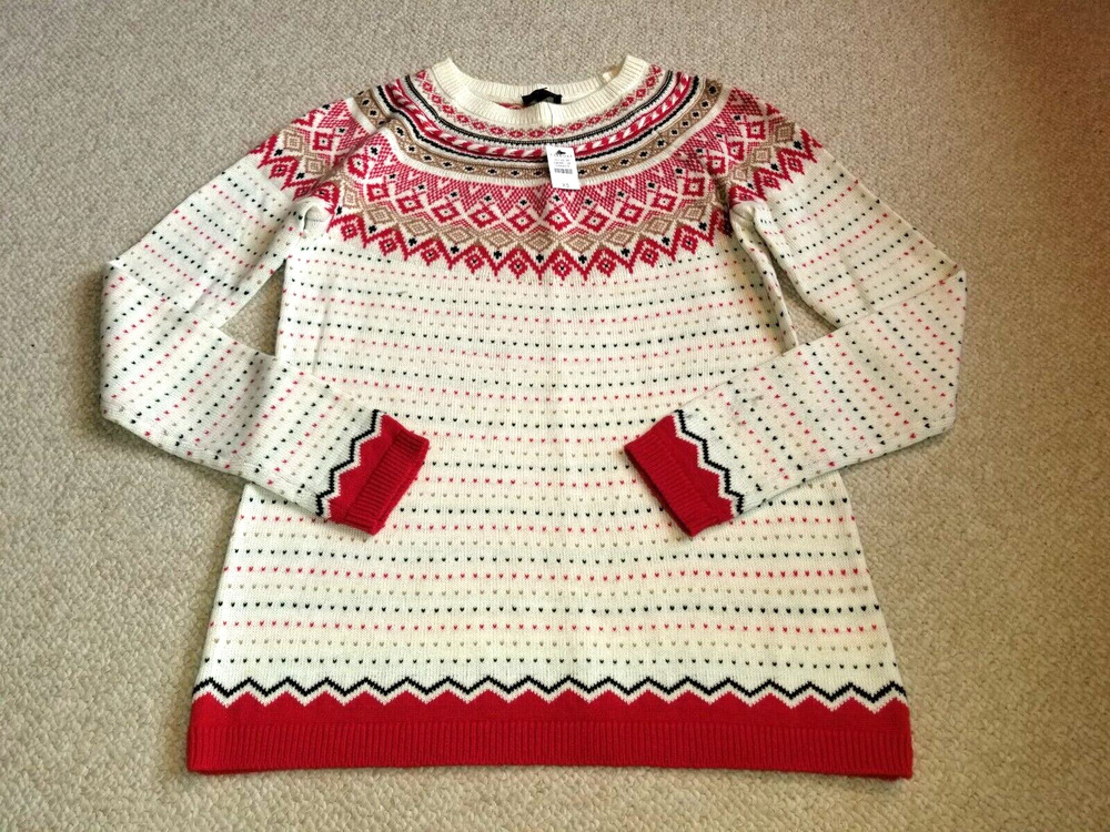 NWT Womens Sweater-TALBOTS-cream/red Fair Isle lambs' wool blend pullover ls-XS